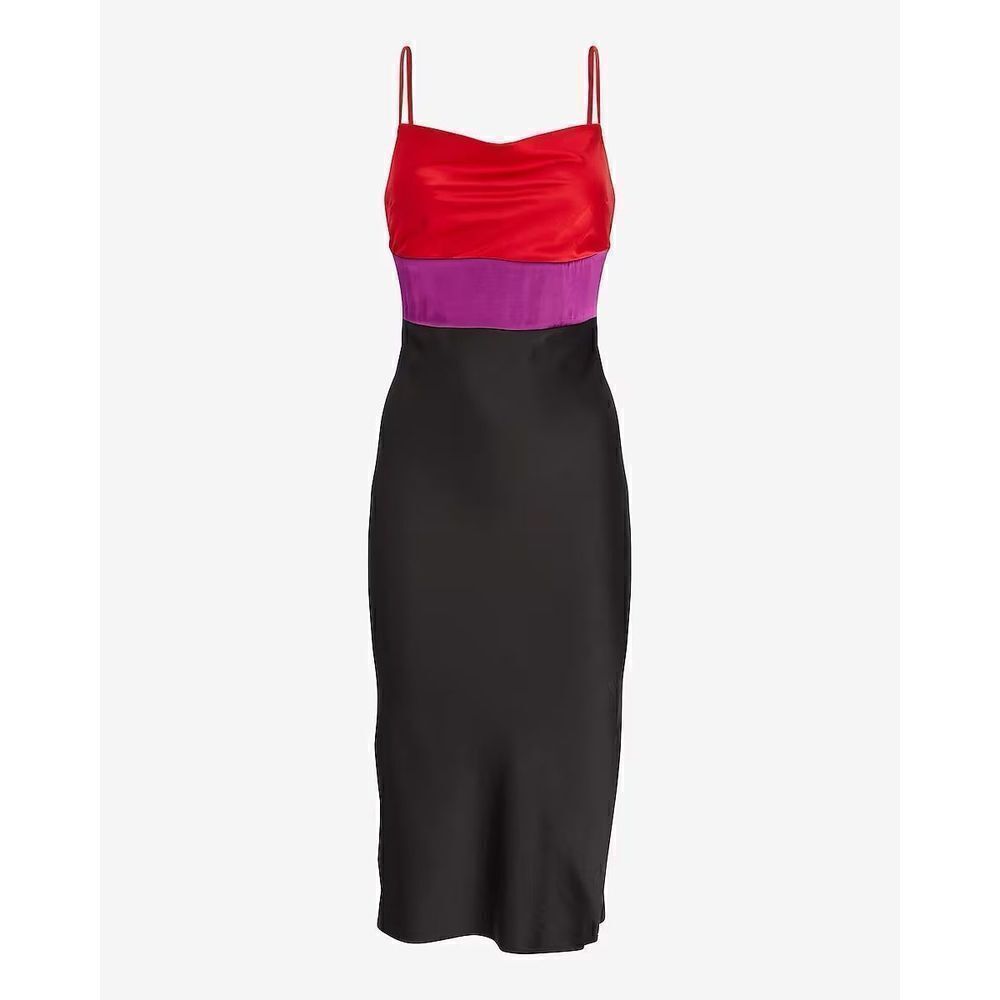 Express - Satin Color Block Tier Cowl Neck Midi Slip Dress - Small/ Red/Purple/B